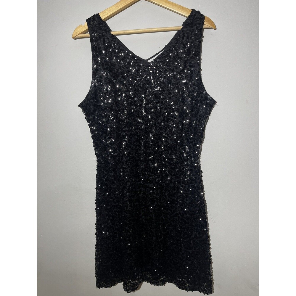 Sexy Black Sequin V-Neck Mini Dress Sleeveless L Retro Party Dance Art Deco